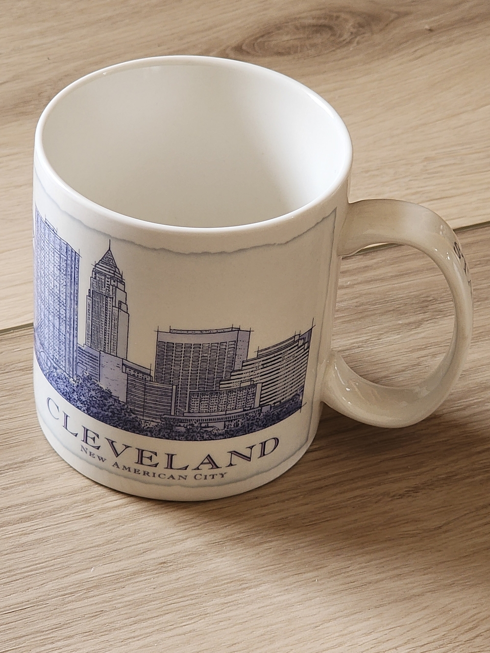 2008 Starbucks Cleveland Skyline Ceramic Coffee Mug - White with Blue Print